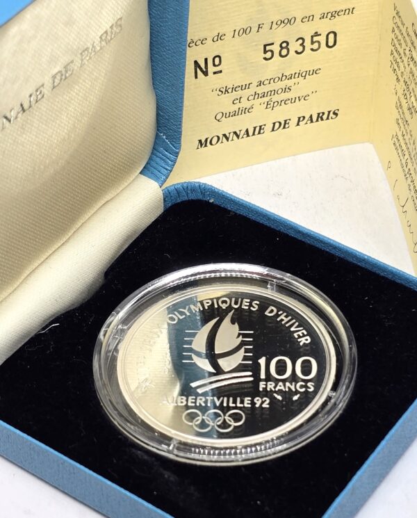 100 FRANCS ARGENT 22,2 gr. JO Albertville 1992 Skieur acrobatique et Chamois.