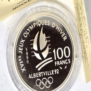 100 FRANCS ARGENT 22,2 gr. JO Albertville 1992 Skieur acrobatique et Chamois. – Image 2