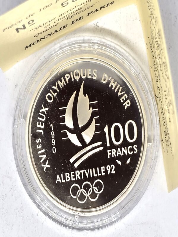 100 FRANCS ARGENT 22,2 gr. JO Albertville 1992 Skieur acrobatique et Chamois. – Image 2