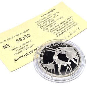 100 FRANCS ARGENT 22,2 gr. JO Albertville 1992 Skieur acrobatique et Chamois. – Image 4