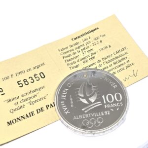 100 FRANCS ARGENT 22,2 gr. JO Albertville 1992 Skieur acrobatique et Chamois. – Image 5