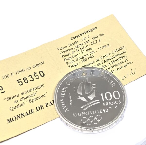 100 FRANCS ARGENT 22,2 gr. JO Albertville 1992 Skieur acrobatique et Chamois. – Image 5