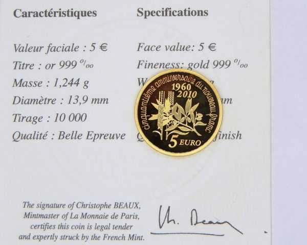 5 €uro OR . SEMEUSE de ROTY pour les 50 Ans du nouveau Francs 1960 - 2010 – Image 3