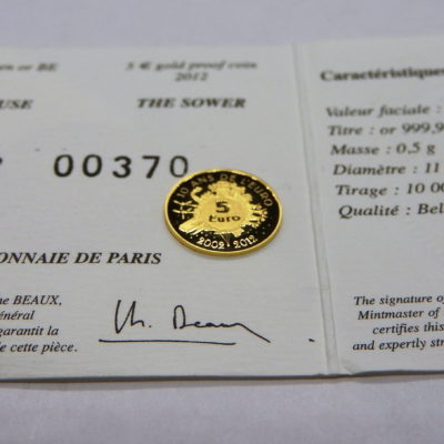 Pièce OR 5 €uro. La SEMEUSE de ROTY pour les 10 Ans de l'Euro 2002 - 2012 – Image 4