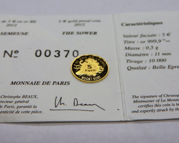 Pièce OR 5 €uro. La SEMEUSE de ROTY pour les 10 Ans de l'Euro 2002 - 2012 – Image 4