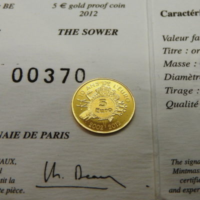 Pièce OR 5 €uro. La SEMEUSE de ROTY pour les 10 Ans de l'Euro 2002 - 2012 – Image 3