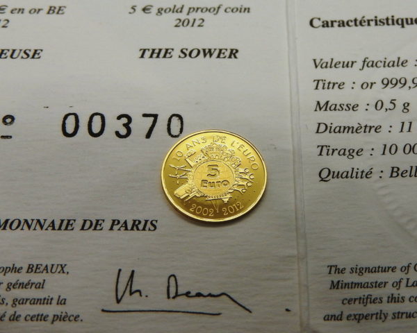 Pièce OR 5 €uro. La SEMEUSE de ROTY pour les 10 Ans de l'Euro 2002 - 2012 – Image 3