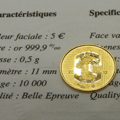 Pièce OR 5 €uro. La SEMEUSE de ROTY pour les 10 Ans de l'Euro 2002 - 2012 – Image 2