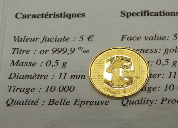 Pièce OR 5 €uro. La SEMEUSE de ROTY pour les 10 Ans de l'Euro 2002 - 2012 – Image 2