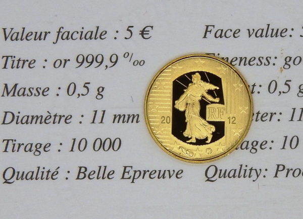 Pièce OR 5 €uro. La SEMEUSE de ROTY pour les 10 Ans de l'Euro 2002 - 2012