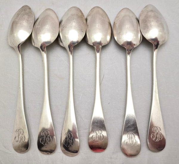 6 Grandes Cuillères Argent Minerve. 340 g. Vieux Paris. XIX°.
