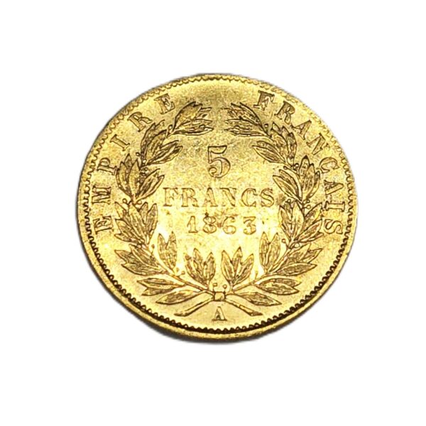 Pièce OR 5 FR OR - 1863 A. TTB. Napoléon III Lauré. – Image 5