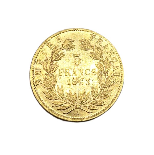 Pièce OR 5 FR OR - 1863 A. TTB. Napoléon III Lauré. – Image 2