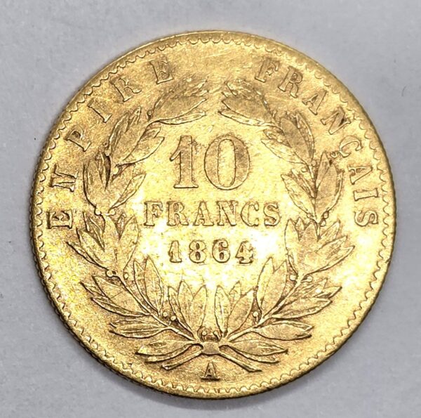 10 Francs OR. Napoléon III Lauré. 1864 A. Monnaies OR Investissement. – Image 2