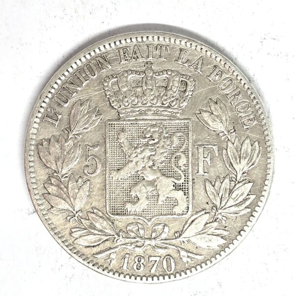 ECU 5 Francs BELGE 1870 Argent 900°/°° Léopold II Roi des Belges