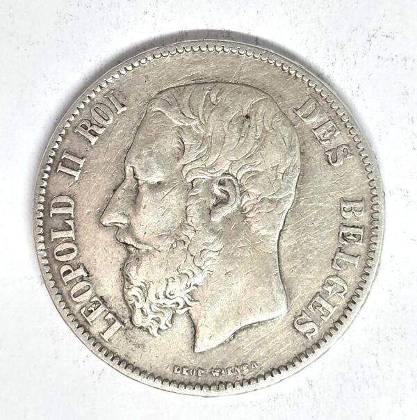 ECU 5 Francs BELGE 1870 Argent 900°/°° Léopold II Roi des Belges – Image 2