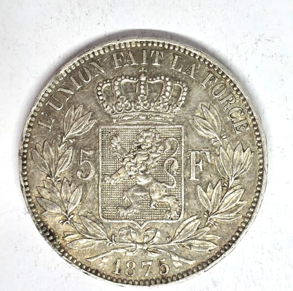 ECU 5 Francs1875 Belgique Argent 900°/°°. Léopold II Roi des Belges