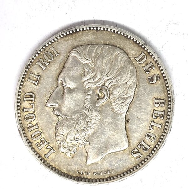 ECU 5 Francs1875 Belgique Argent 900°/°°. Léopold II Roi des Belges – Image 2