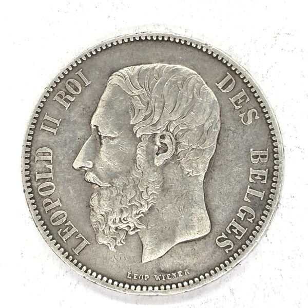 Belgique. ECU 5 Francs 1873 Argent 900°/°°. Léopold II Roi des Belges – Image 2