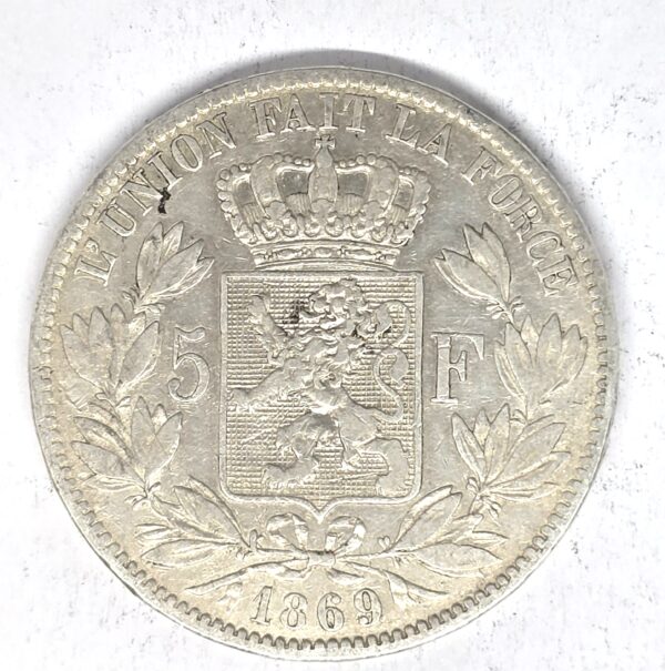 ECU 5 Francs BELGE 1869 L'UNION FAIT LA FORCE. Léopold II Roi des Belges – Image 2