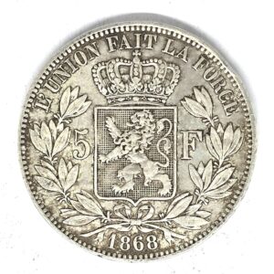 ECU 5 Francs BELGE 1868 Argent 900°/°°. Léopold II Roi des Belges – Image 2