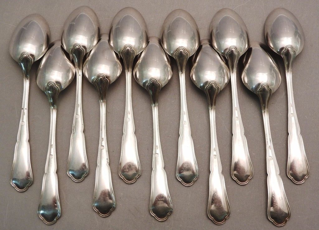 11 Cuillères à CAFE. Argent Massif. MINERVE. 345gr. Argenterie "FILET VIOLONNE" Le Comptoir de