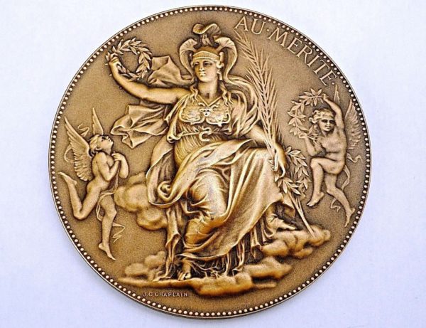 Médaille BRONZE. 129gr "Au Mérite" Graveur JC CHAPLAIN. style 1900. Avec coffret