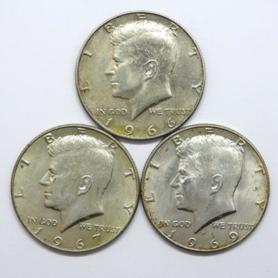 USA 3x 1/2 $ US. ARGENT 400°/°°. 1966,67 & 69d. 3x11,3g. Kennedy Half Dollar TTB – Image 3