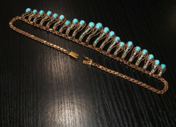 COLLIER-OR18K-632-gr-84-Turquoises-Cabochons-63-Diamants-Taille-anciennes-284033047185-12
