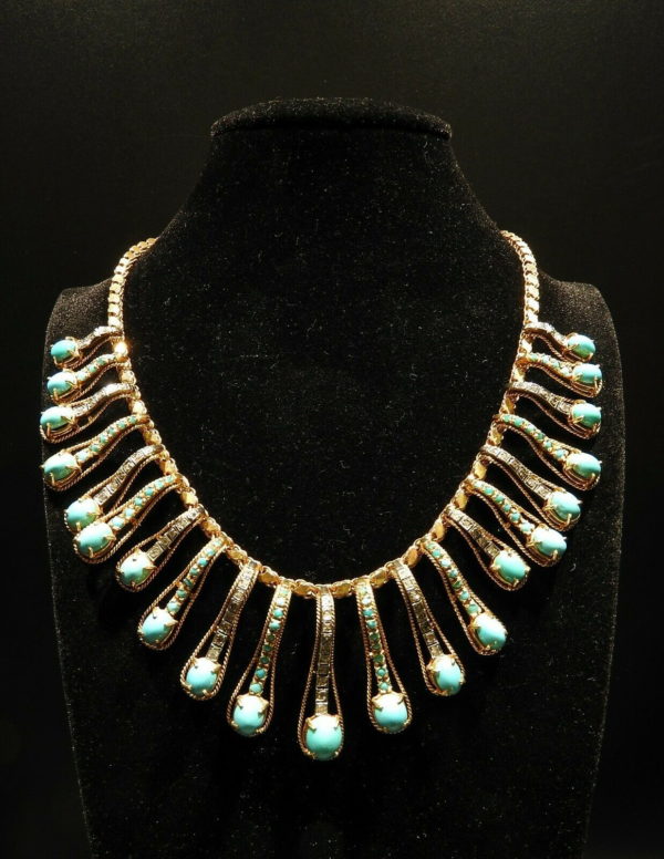 COLLIER-OR18K-632-gr-84-Turquoises-Cabochons-63-Diamants-Taille-anciennes-284033047185-2