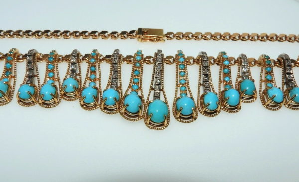 COLLIER-OR18K-632-gr-84-Turquoises-Cabochons-63-Diamants-Taille-anciennes-284033047185-3