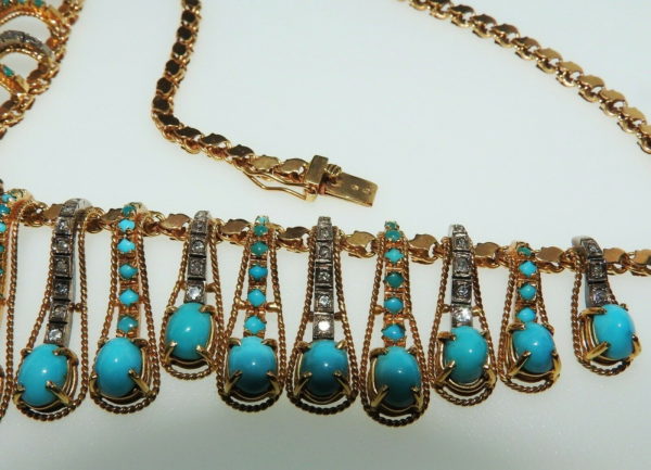 COLLIER-OR18K-632-gr-84-Turquoises-Cabochons-63-Diamants-Taille-anciennes-284033047185-4