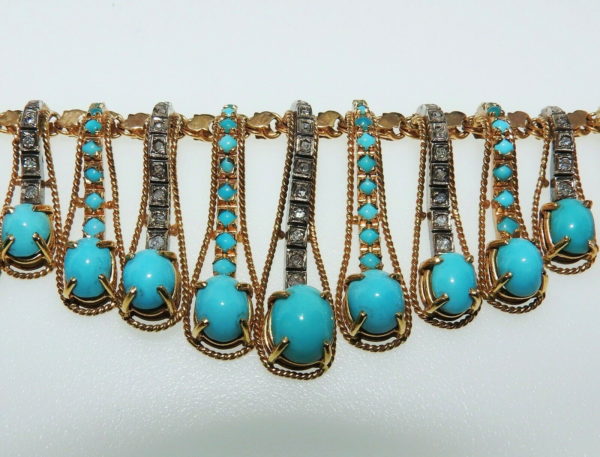 COLLIER-OR18K-632-gr-84-Turquoises-Cabochons-63-Diamants-Taille-anciennes-284033047185-5