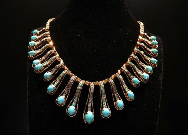 COLLIER-OR18K-632-gr-84-Turquoises-Cabochons-63-Diamants-Taille-anciennes-284033047185