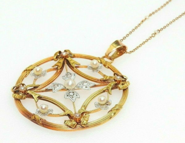 Pendentif-OR-sa-chaine-73gr-Fin-XIX-OR-750-Perles-fines-Diamants-274387474658-2