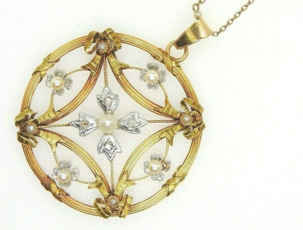 Pendentif-OR-sa-chaine-73gr-Fin-XIX-OR-750-Perles-fines-Diamants-274387474658