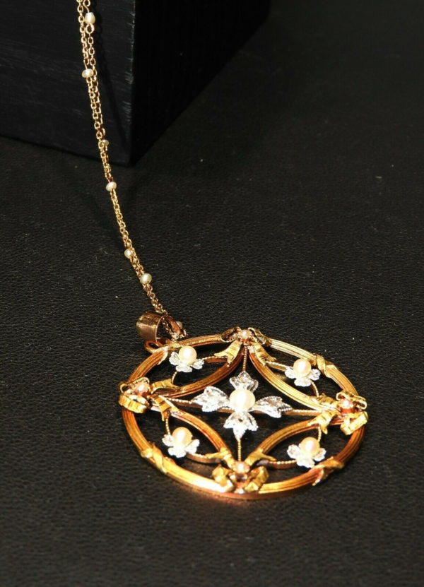 Pendentif-OR-sa-chaine-73gr-Fin-XIX-OR-750-Perles-fines-Diamants-274387474658-9